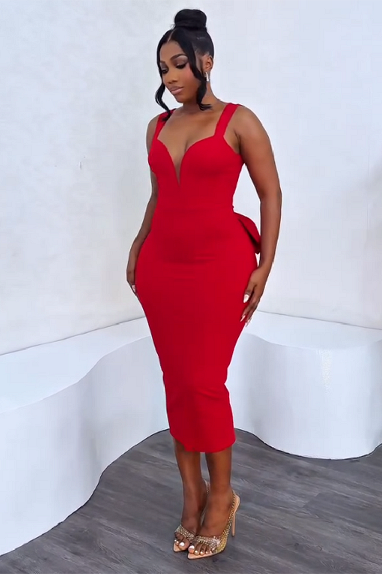 Backless Bow Decor Slim-Fit Valentine's Party Midi Dresses-Red [Pre Order]