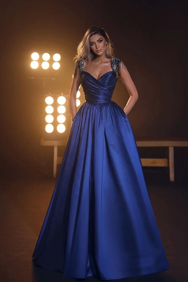 Daisda Royal Blue Sleeveless V-Neck Mermaid Beadeds Prom Dress