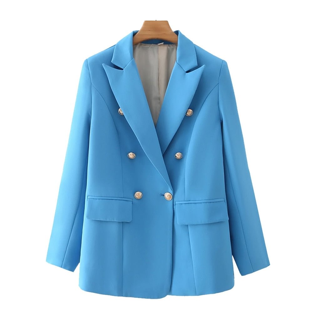 TRAF Women Fashion Double Breasted Candy Color Blazer Coat Vintage Long Sleeve Flap Pockets Female Outerwear Chic Veste