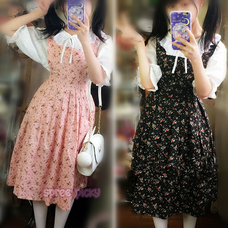 Pink/Black/White Sweet Mori Girl Strawberry Flower Dress/Shirt Set SP165158