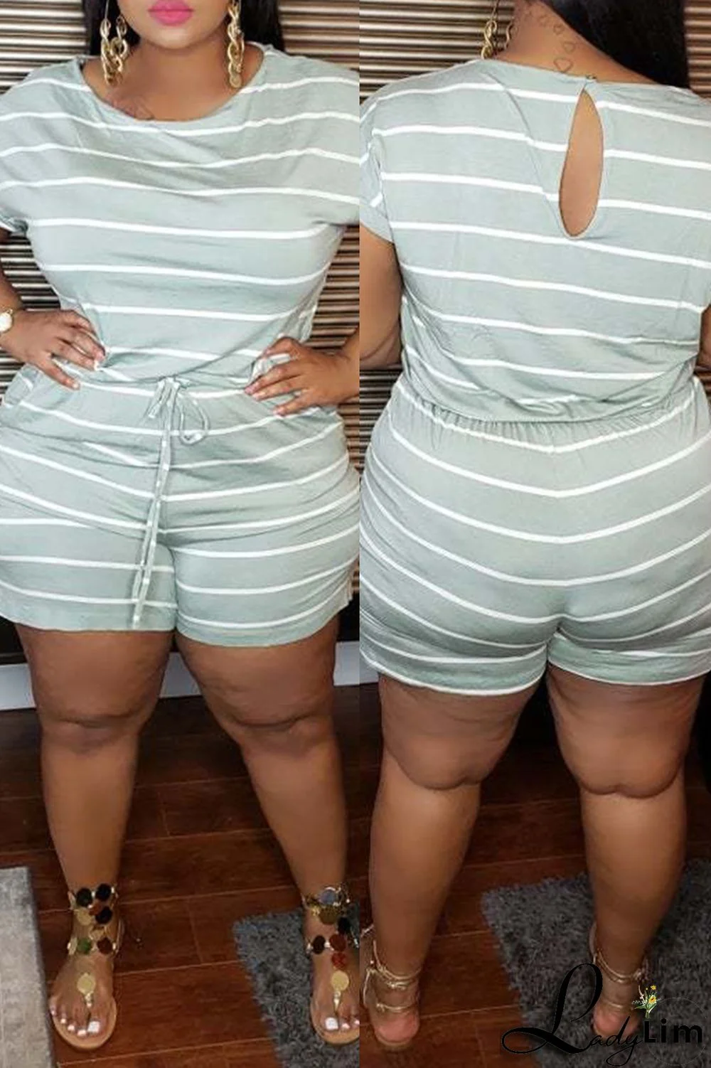 Blue Fashion Casual Striped Print Basic O Neck Plus Size Jumpsuits