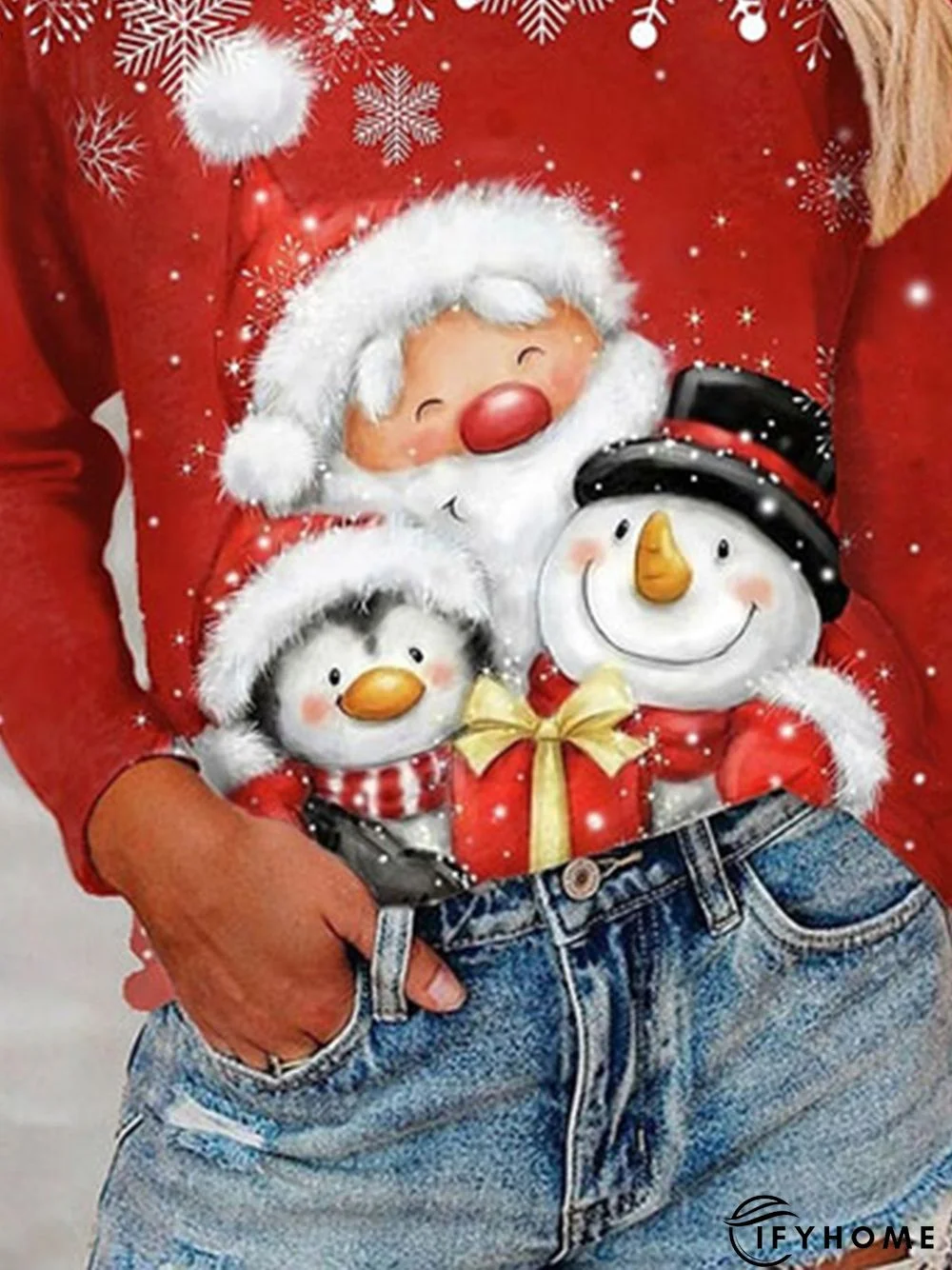 Christmas Red Printed Round Neck Loosen Top | IFYHOME