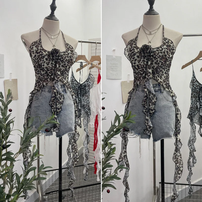 Churchf Special Price Sexy Hot Babes Hanging Backs Her Neck Short Leopard Sling Vest Flowers Lotus Leaves Floating Clothes 2610