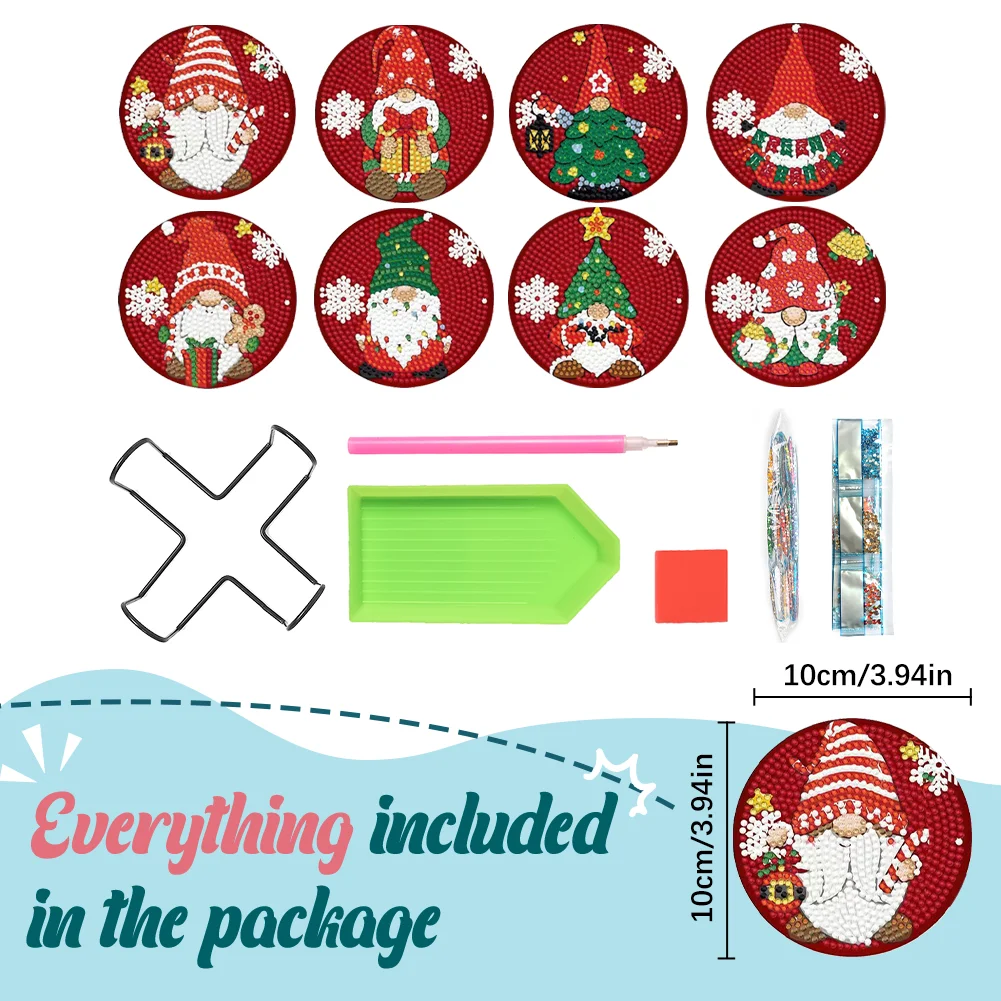 8pcs DIY Christmas Gnome Diamond Crafts Coasters with Holder Wooden DIY Coaster