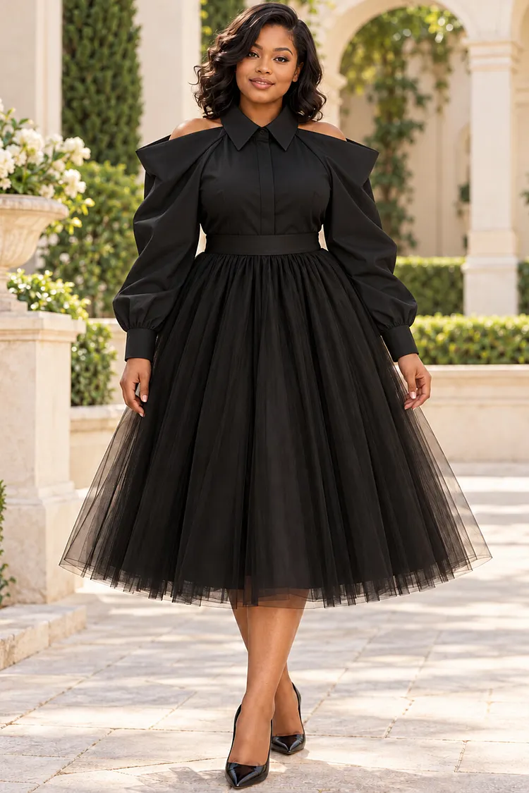 Xpluswear Design Plus Size Business Casual Black Shirt Collar Cold Shoulder Long Sleeve Contrast Tulle Midi Dresses [Pre-Order] 2024 - Xpluswear