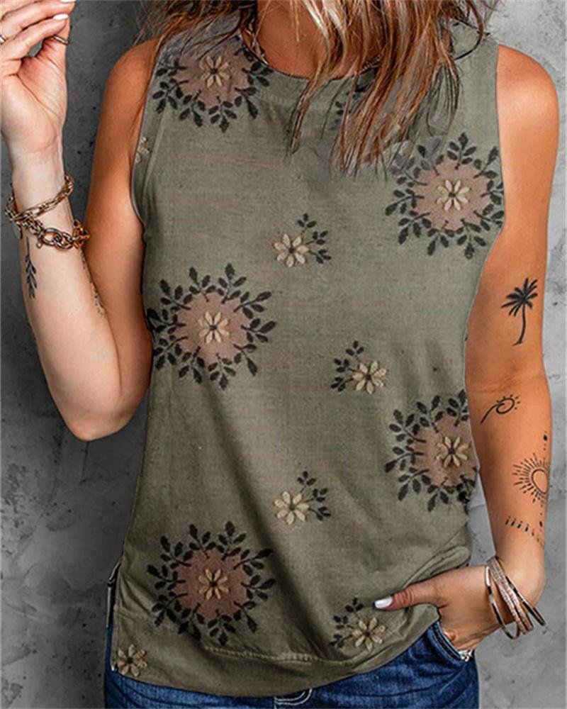 Casual Crew Neck Print Sleeveless Tank Top