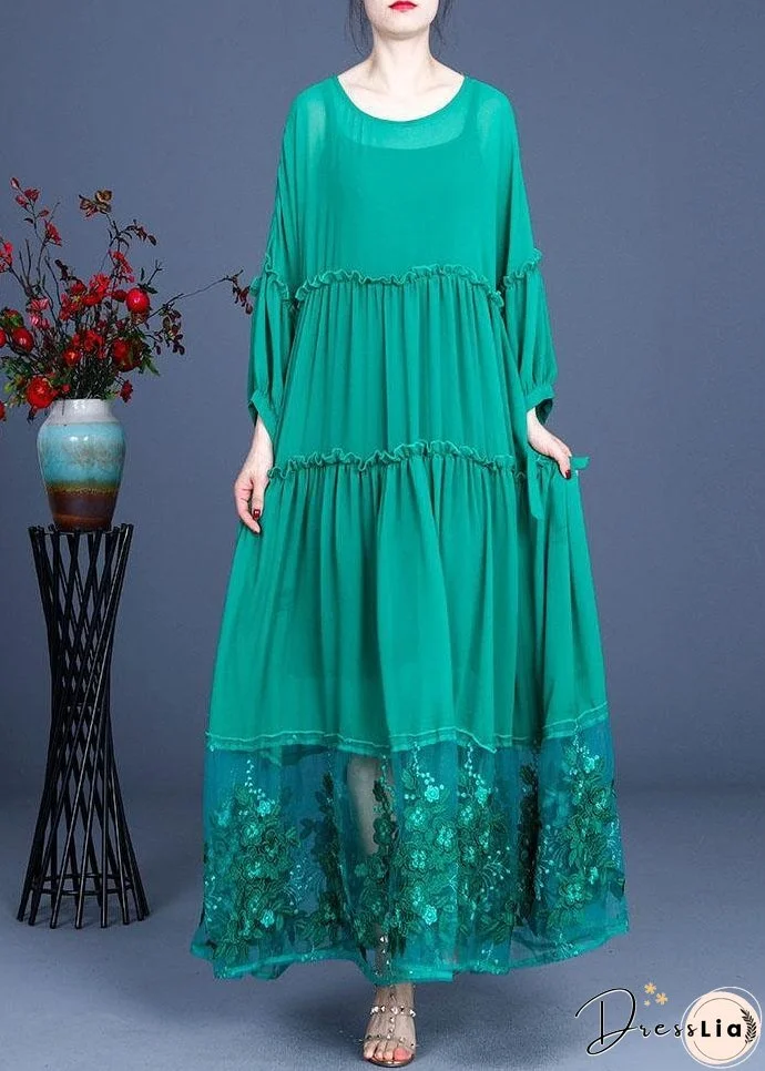 Simple Green Patchwork Lace Embroideried Hollow Out Summer Dress