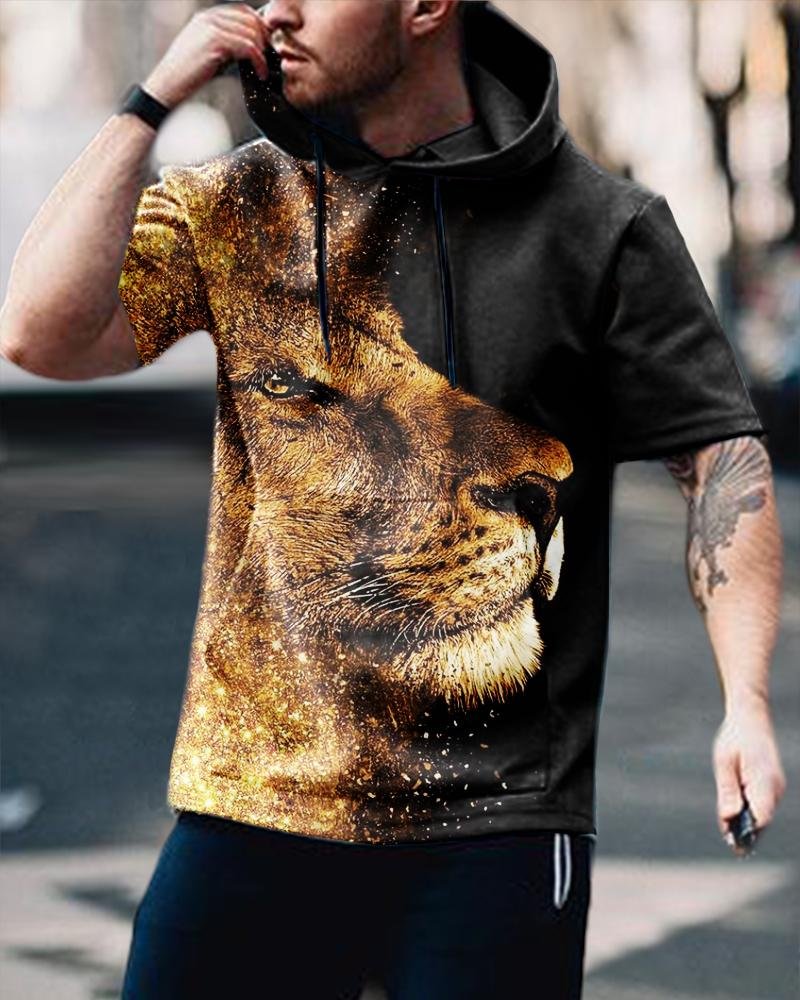 Men's Casual Lion Printing Short-Sleeved Hoodie