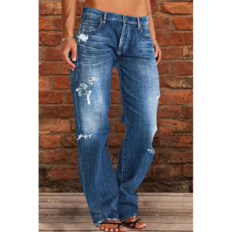 Ripped Hem Low Waisted Jeans For Women