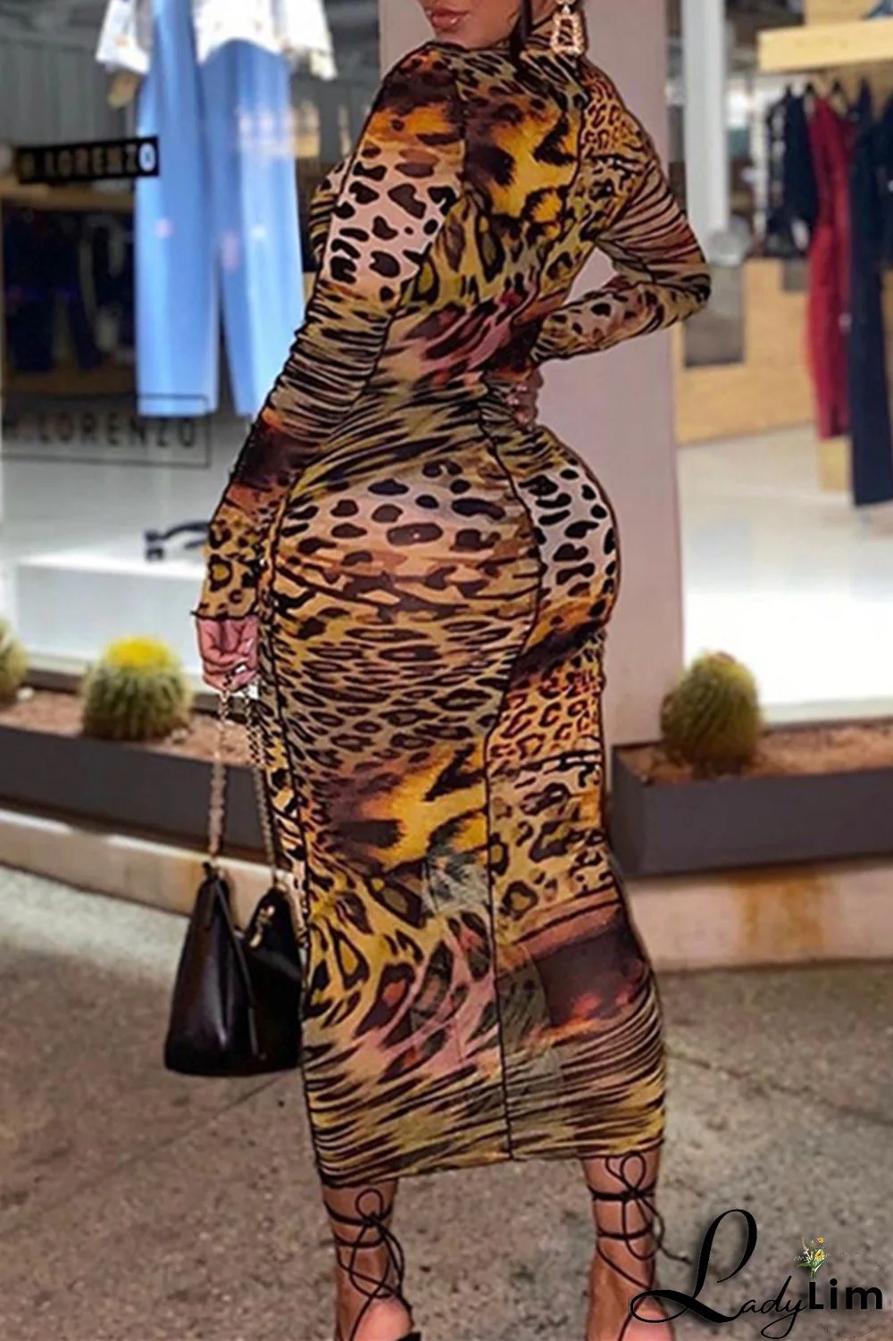 Leopard Print Fashion Casual Print Basic Turtleneck Long Sleeve Dresses