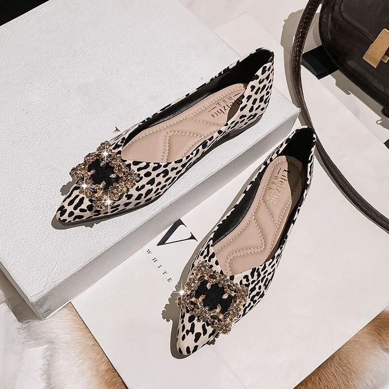 square crystal buckle ballet flats women leopard single shoes pointed toe rhinestone flower OL shoes woman slip on loafer size43