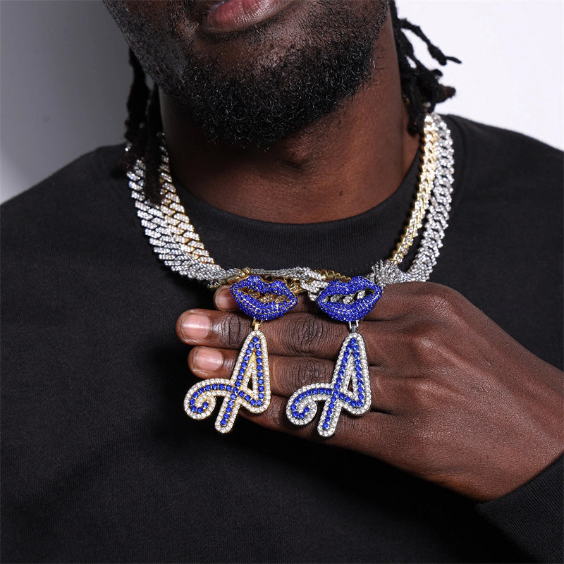 Hye Hot Sale 26 Letters Blue Mouth Pendant Cuban Link Chain Diamond-Embedded Hip Hop Couple Rapper Ornament