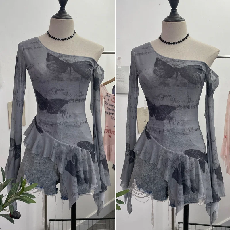 Uveng Tie Tie Net Yarn Oblique Shoulder Babes Sexy Body-On-Sleeve Horn Irregular Top 9955