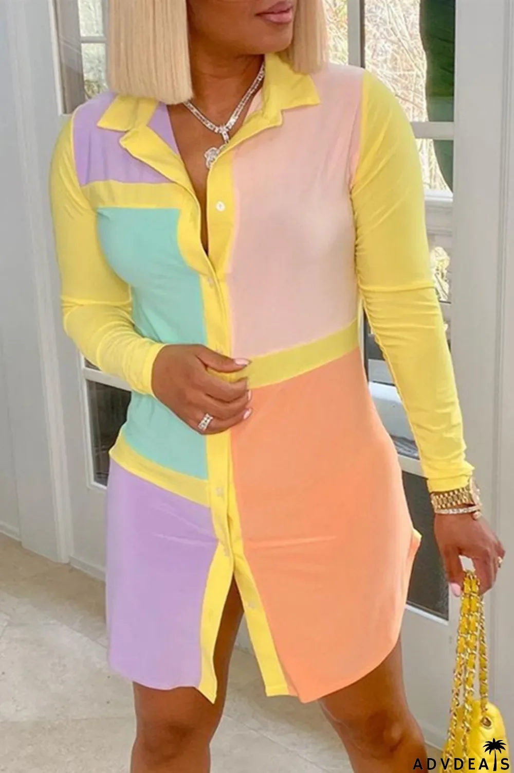 Light Pink Fashion Casual Patchwork Basic Turndown Collar Shirt Dress