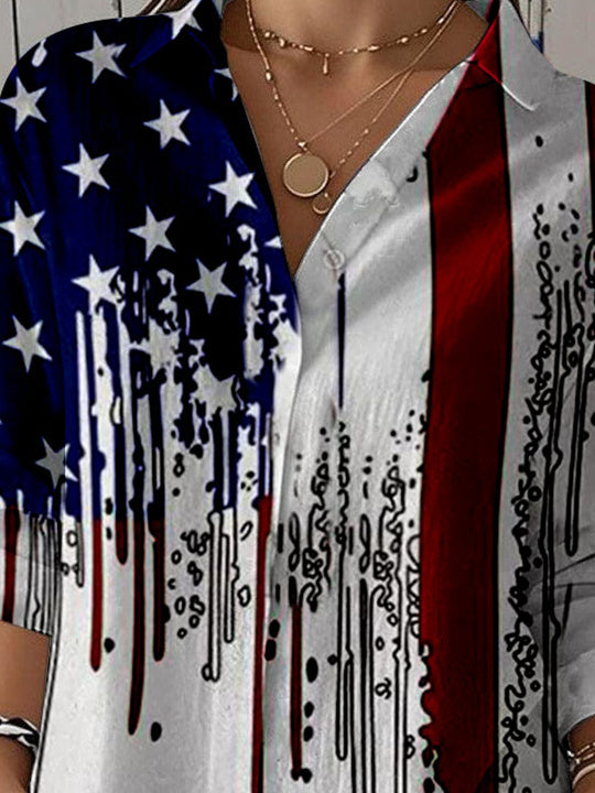 Women 3/4 Sleeve Shirt Collar National Flag Printed Graphic Button Tops