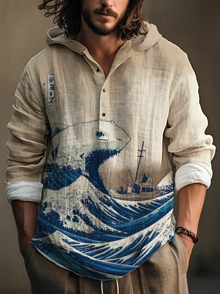 Japanese Art Ocean Shark Print Cotton Blend Hoodie