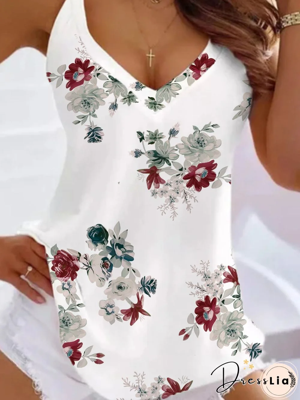 Casual Sleeveless V Neck Plus Size Floral Printed Knit Tank
