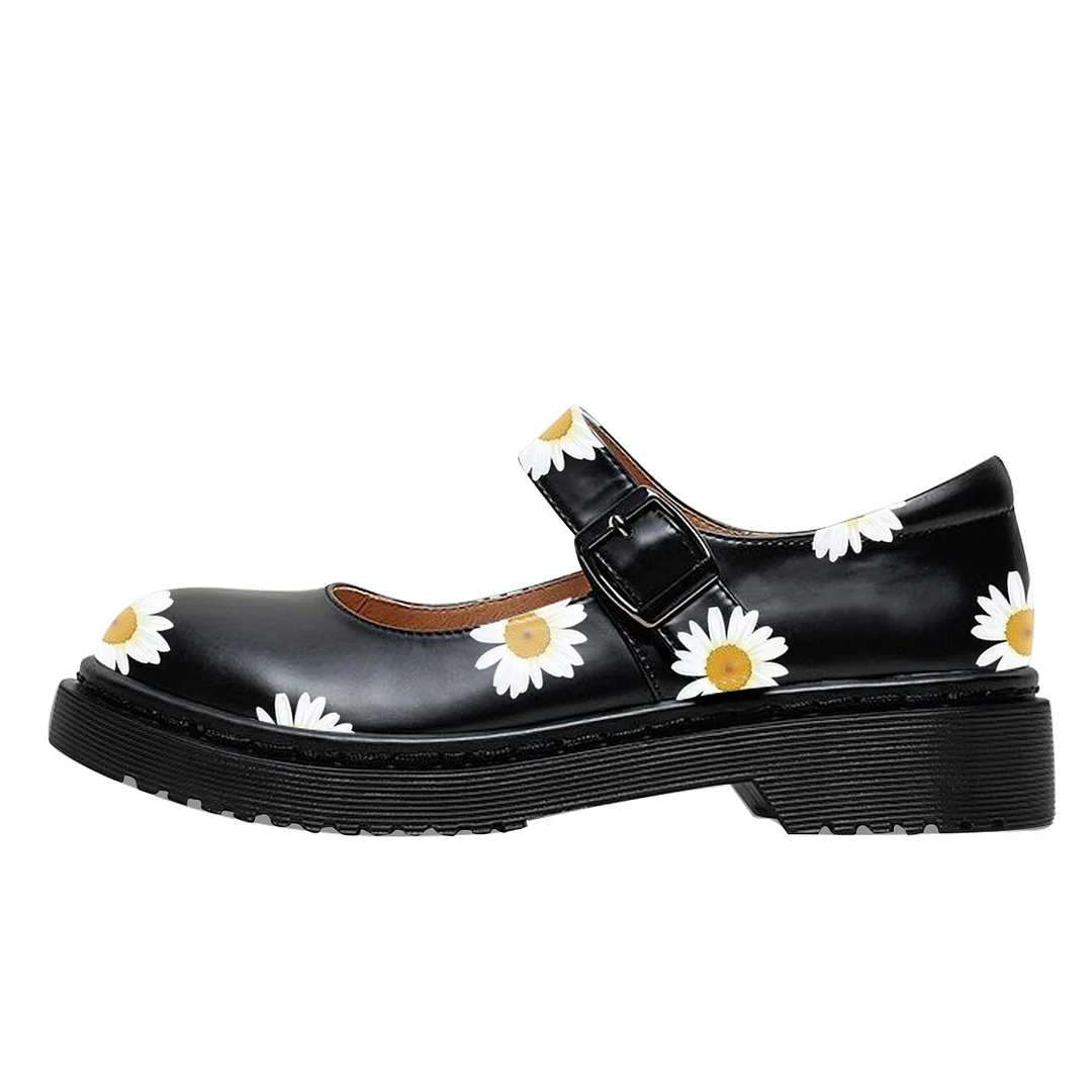 Eye-Catching Floral Vegan Leather Round Toe Comfy Mary Janes in Black 