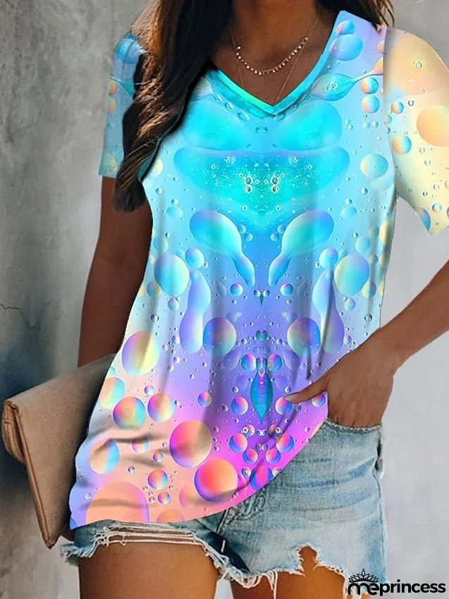 Women's T Shirt Tee Blue Purple Green Graphic Butterfly Print Short Sleeve Daily Weekend Basic V Neck Regular Abstract