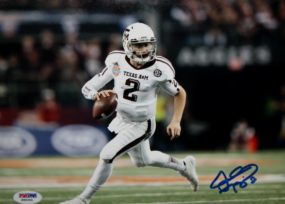 Johnny Manziel Autographed Texas A&M 8x10 Running White Jersey Photo Poster painting- PSA/DNA