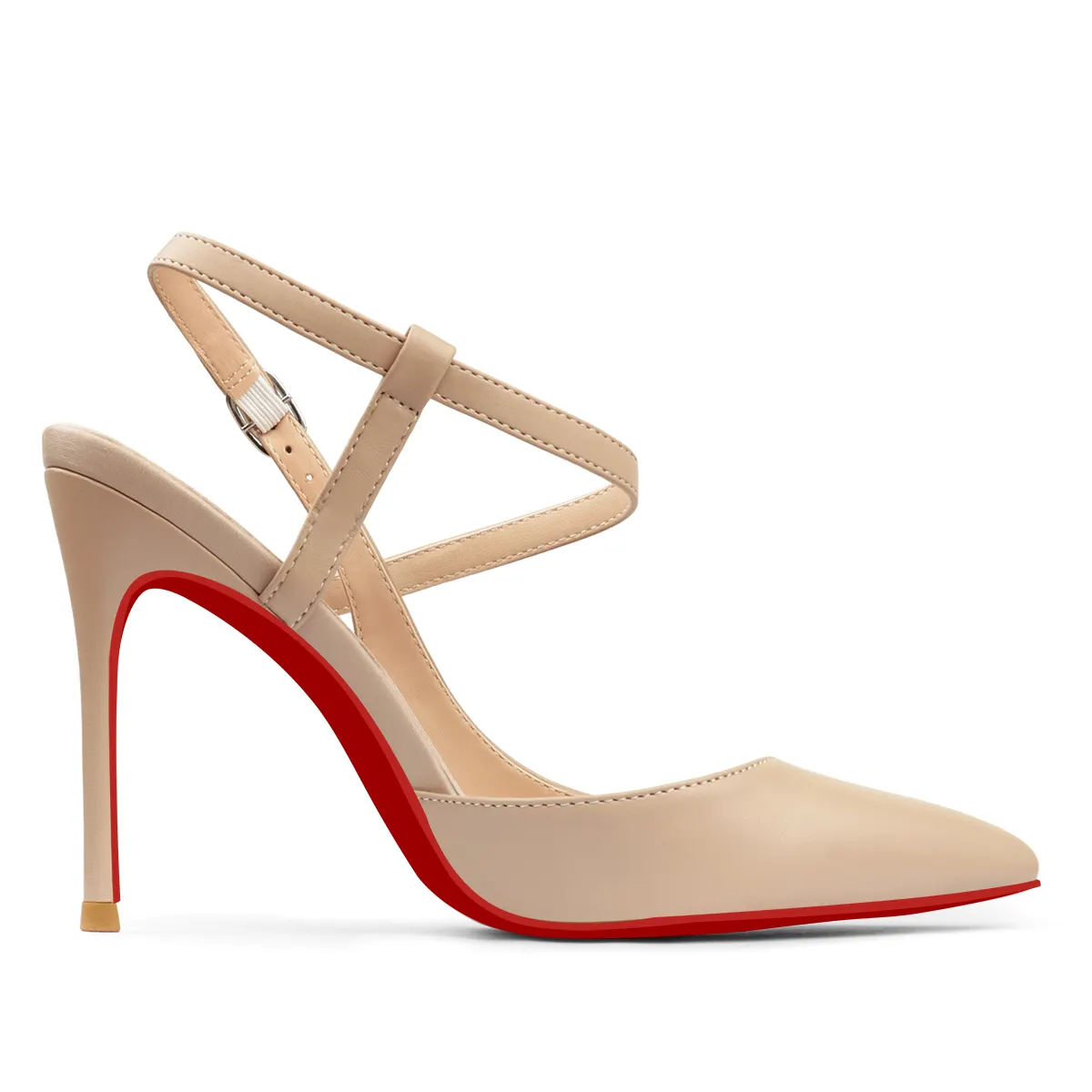 100mm Women Slingback Matte Pumps Ankle Strap Jenlove Stiletto Mid Heel Close Pointed Toe Dress Red Bottoms Shoes-vocosishoes
