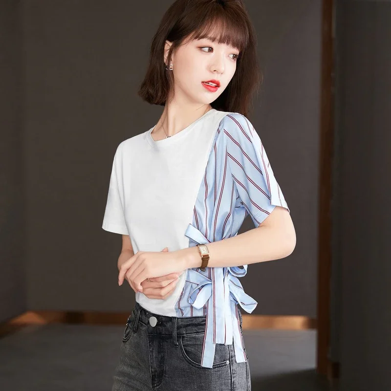 Cartoonh Women's T-shirt Fashion Top Casual T Shirt Splicing Tees Loose Satin O-Neck Short Sleeve Korean New Summer Female Clothing