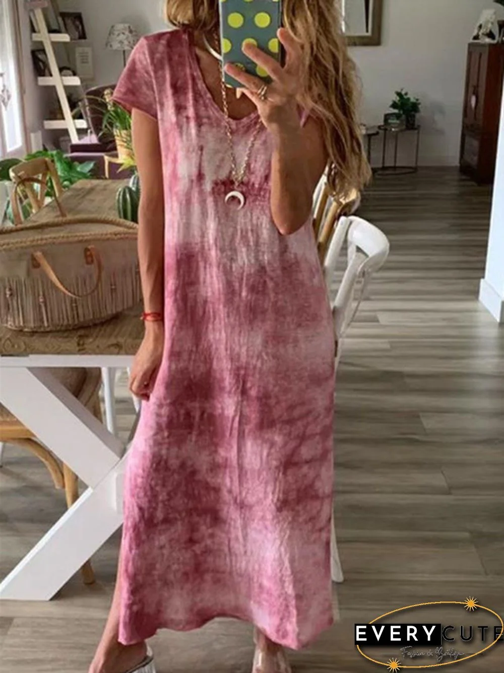 Summer Fashion Tie-Dye Short Sleeve Long Dress Loose V Neck  Maxi Dress