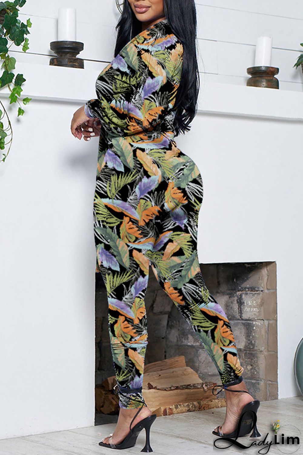 Green Casual Print Frenulum V Neck Long Sleeve Two Pieces