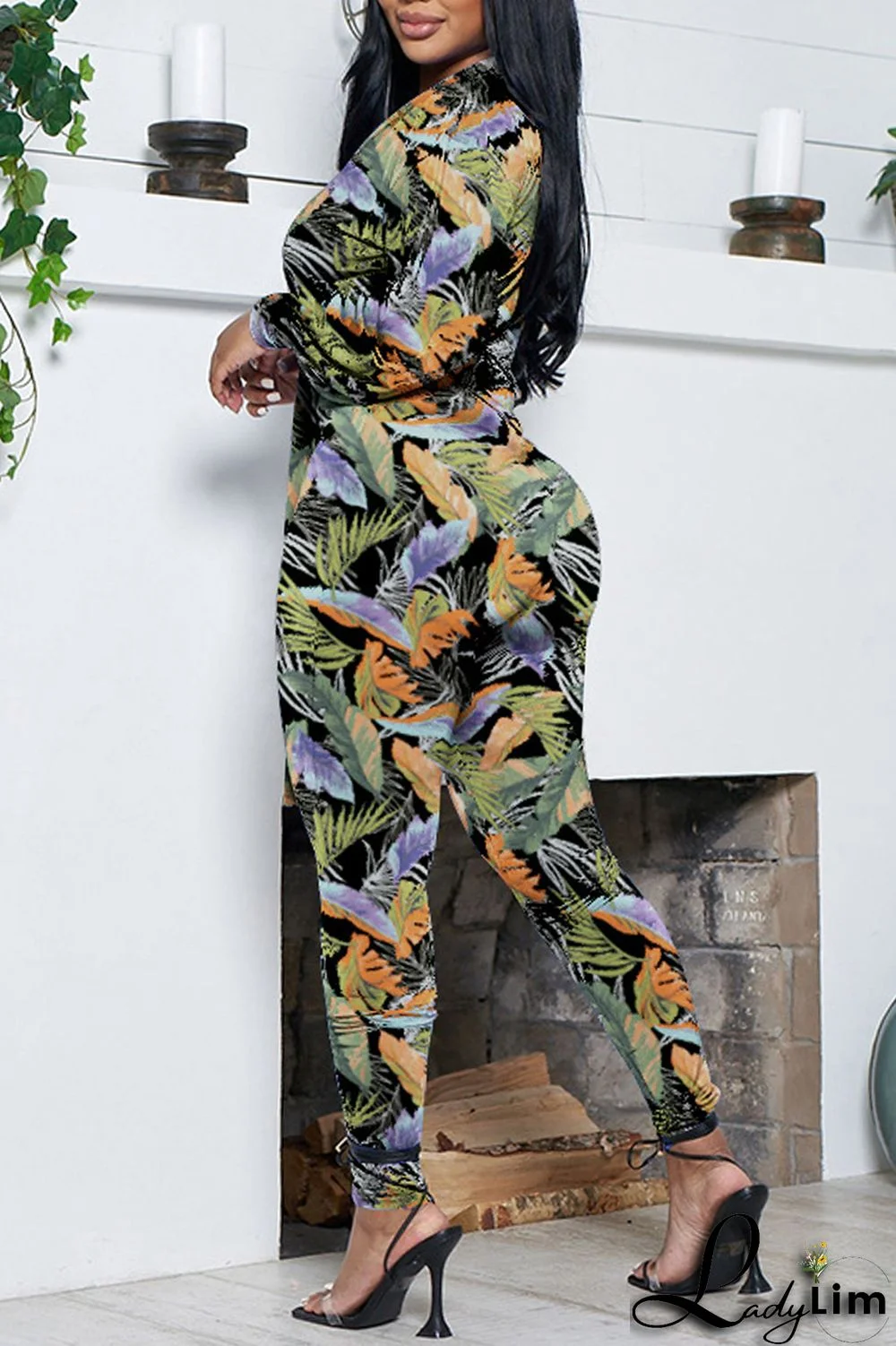 Green Casual Print Frenulum V Neck Long Sleeve Two Pieces