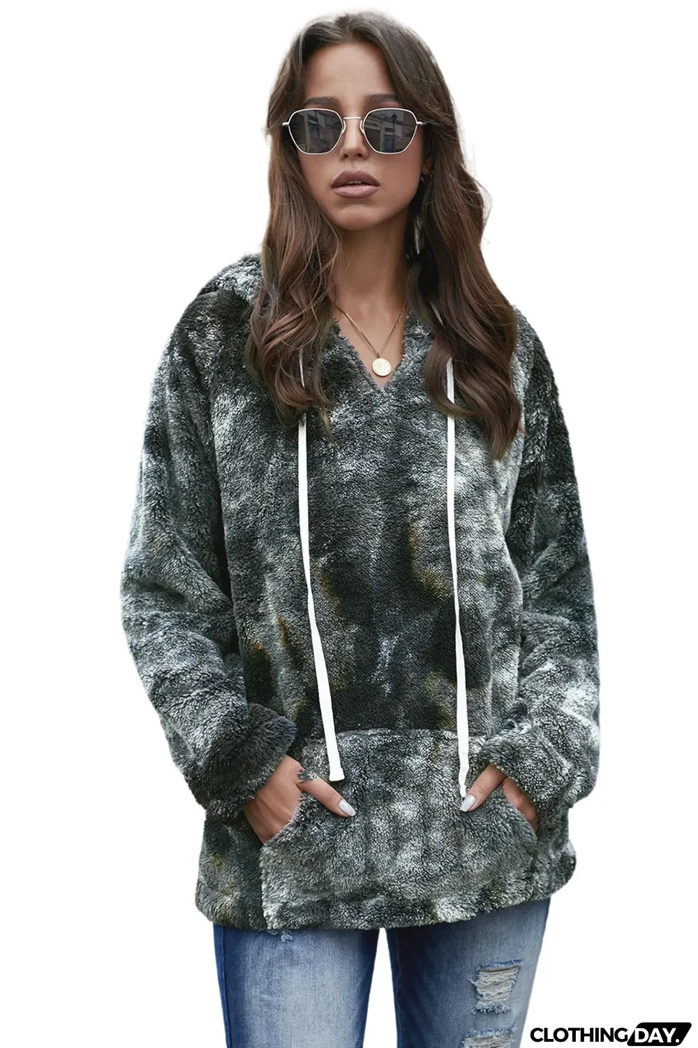 Black V-Neck Tie-Dye Plush Pullover Hoodie
