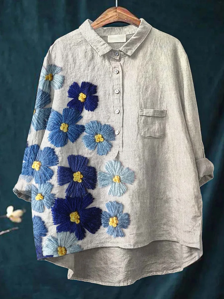 Women'S Artistic Poppy Embroidered Pattern Casual Cotton And Linen Shirt