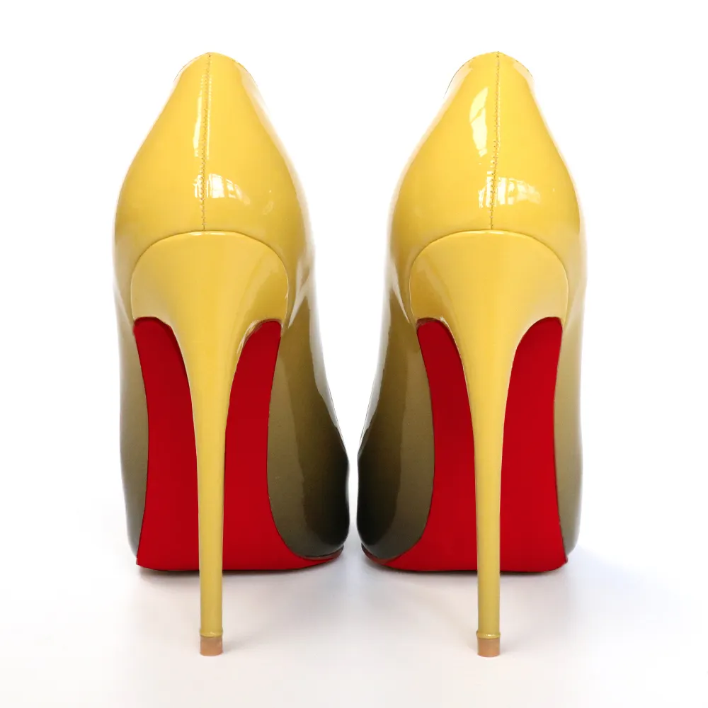 120mm Women's Party Wedding Heels Pumps Yellow Black Gradient Color Patent-vocosishoes