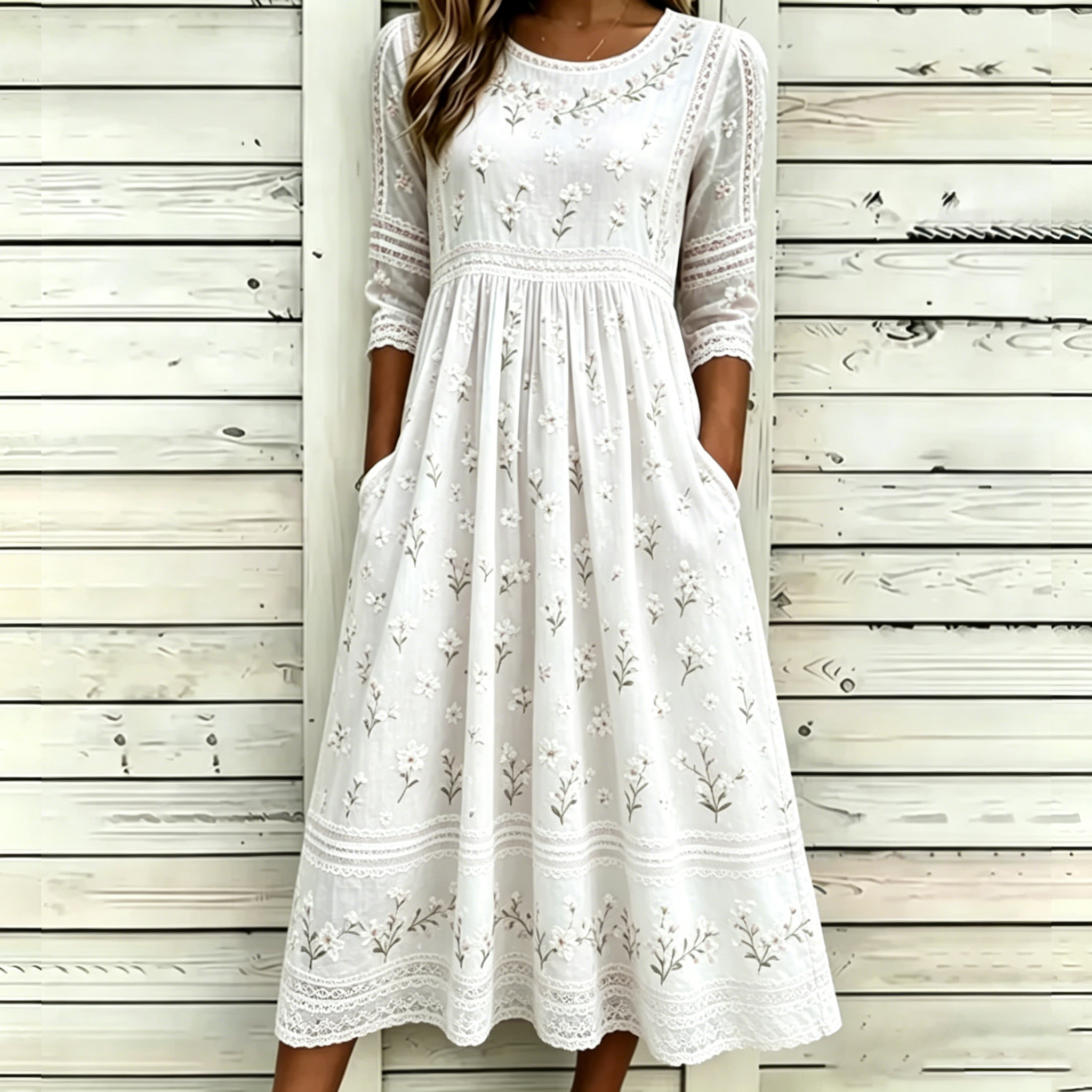 Comstylish Vintage White Cherry Blossom Art And Lace Art Light Pink Cotton Linen Loose Round Neck Dress