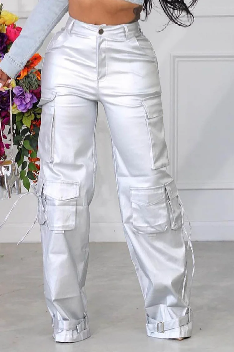 Plus Size Daily Pant Silver Metallic Straight Leg Cargo Pant With Pocket [Pre-Order]
