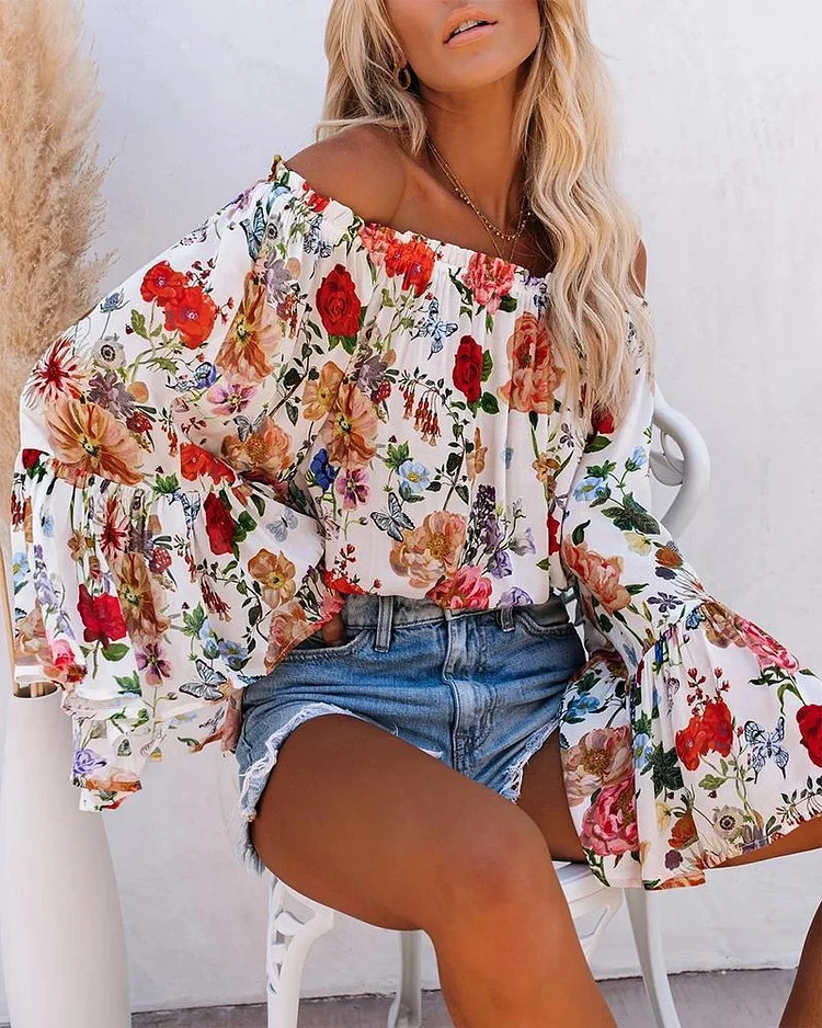 Floral Off Shoulder Flared Sleeve Blouse Top