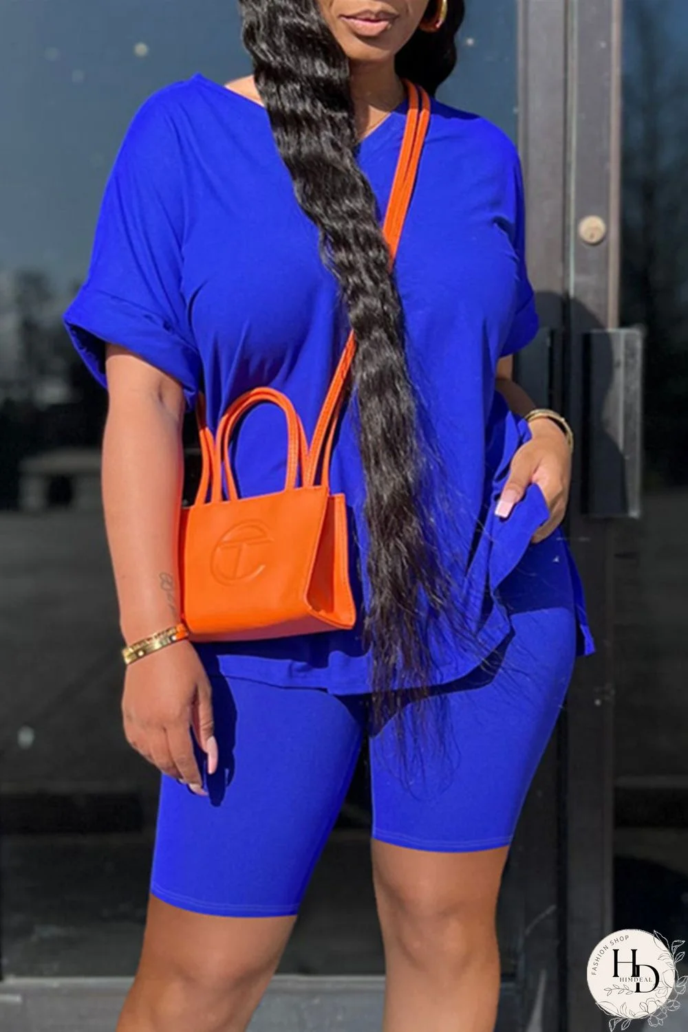 Blue Fashion Casual Solid Slit V Neck Short Sleeve Two Pieces