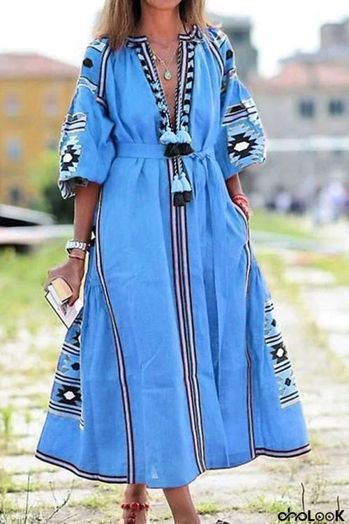 Ethnic Print Pom Pom Maxi Dress