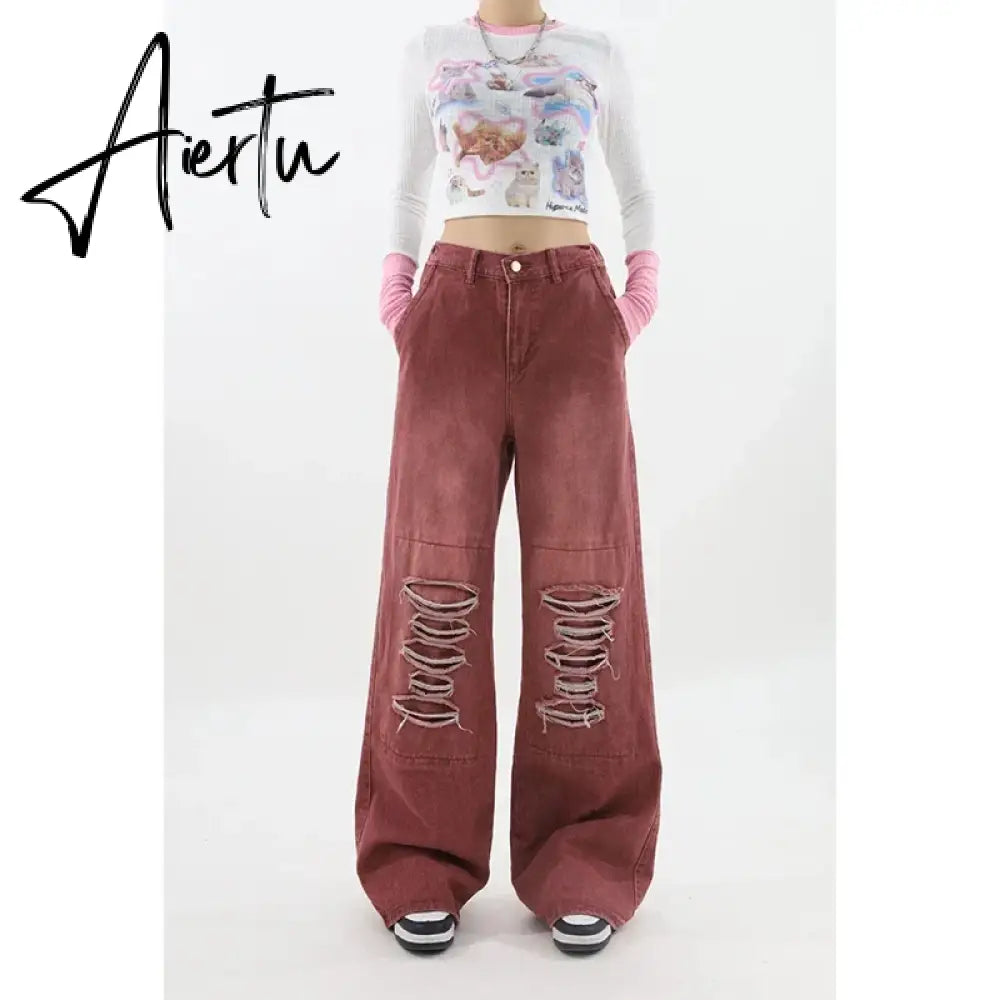 Women's Vintage Red Baggy Jeans 90s Aesthetic High Waist Denim Trousers Korean 2000s Y2k Harajuku Wide Pants Trashy Clothes Aiertu