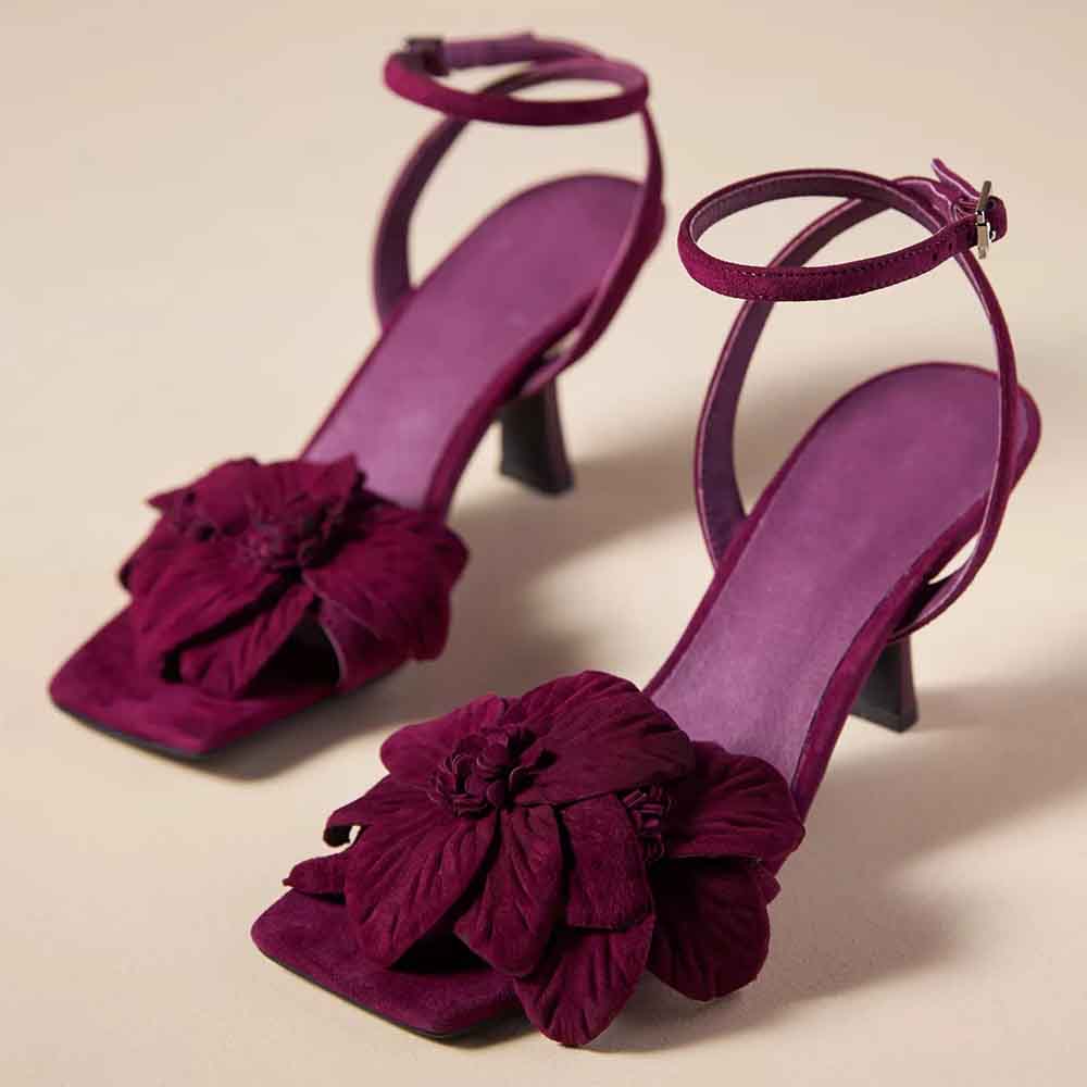 Purple Faux Suede Open Toe Kitten Heels Ankle Strap Floral Sandals Nicepairs