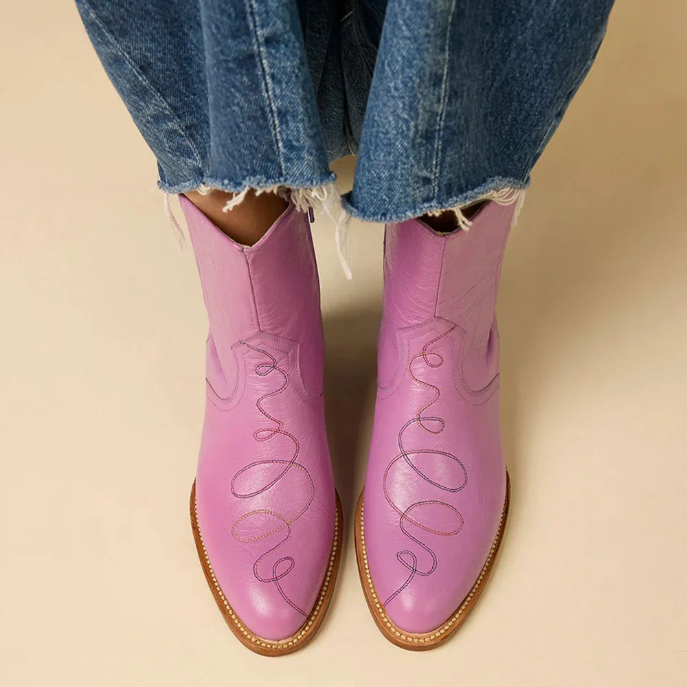 Orchid Purple Mid Block Heel Stitching Western Boots for Women