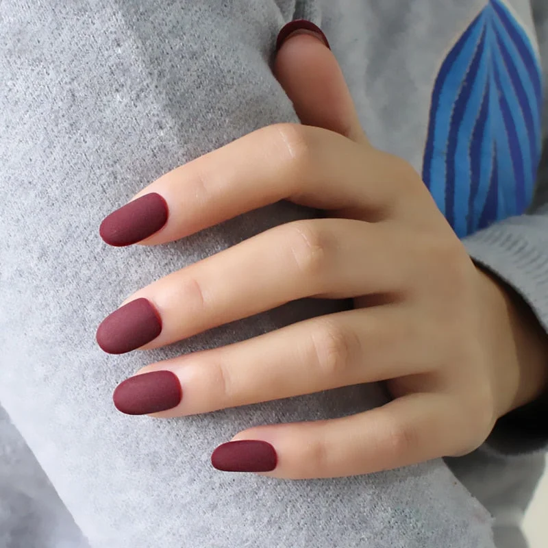 24pcs/set Black Round matte false nails Short Full Cover Frosted Ballerina Nail Tips Red small round oval fake nails art set-Nail Inspo