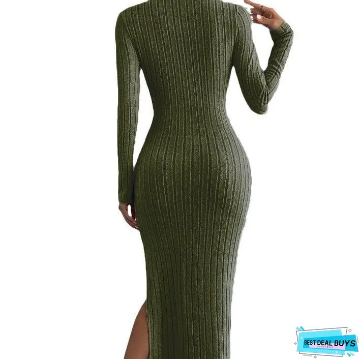 Women's Long Sleeve Crew Neck Split Knitted Dresses