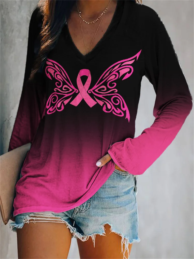 Wearshes Pink Ribbon Butterfly Gradient V Neck T Shirt