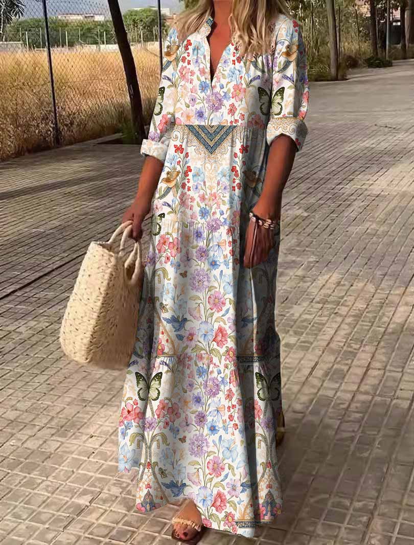 Women Floral,Butterfly,Yellow,Red DZDN0259 SPU Printed Long Sleeve V-neck Maxi Dress