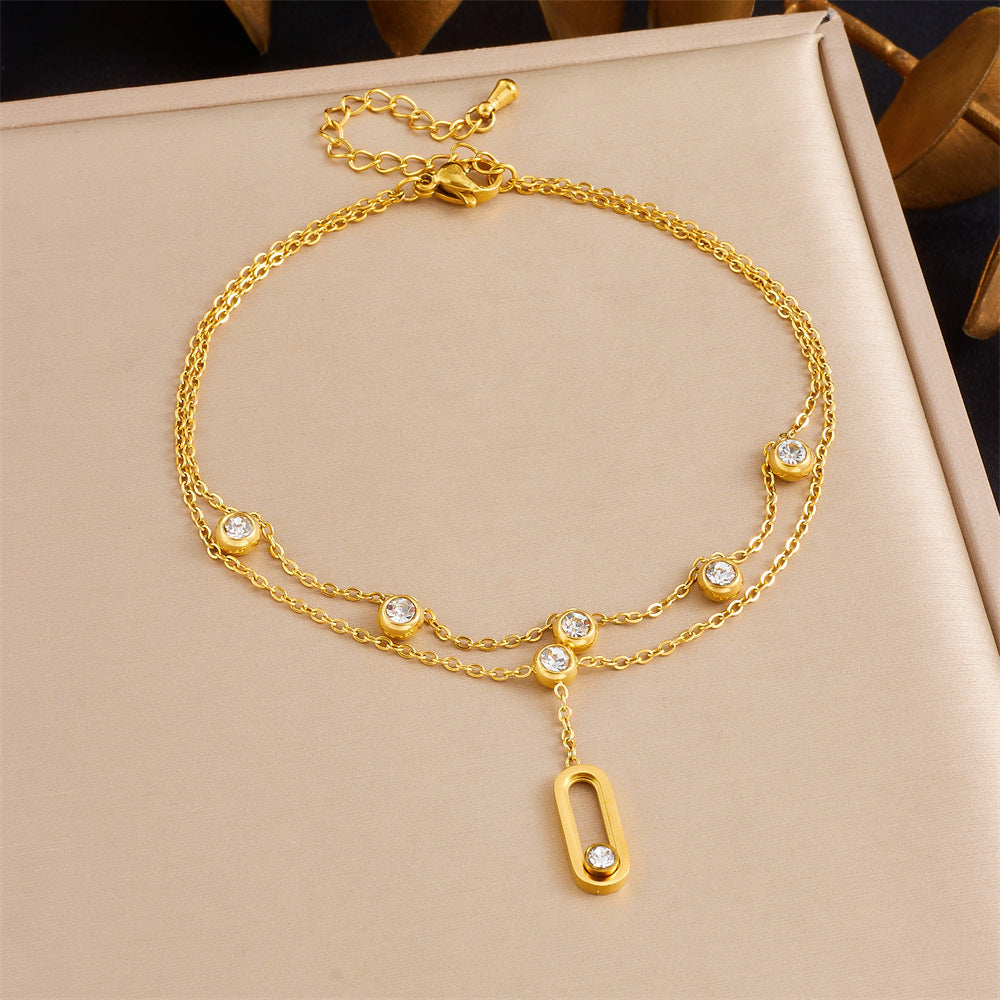 Korean Style Fashion Stacking Double Chain Diamond Cherry Starfish Flower Star Moon Pendant Stainless Steel Anklet Female