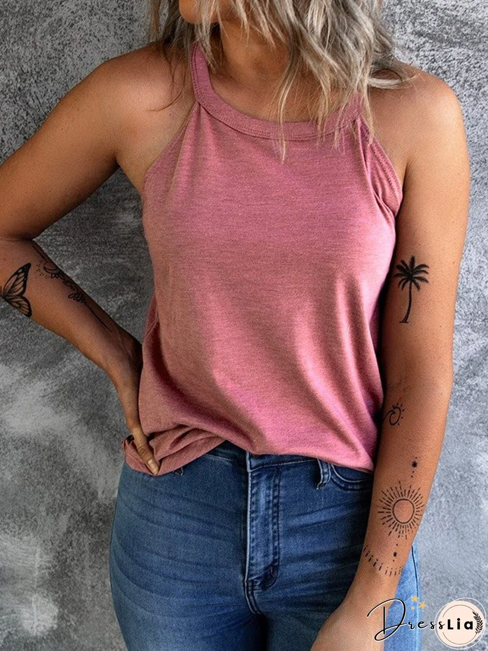 Pink Sleeveless Crew Neck Tank Top