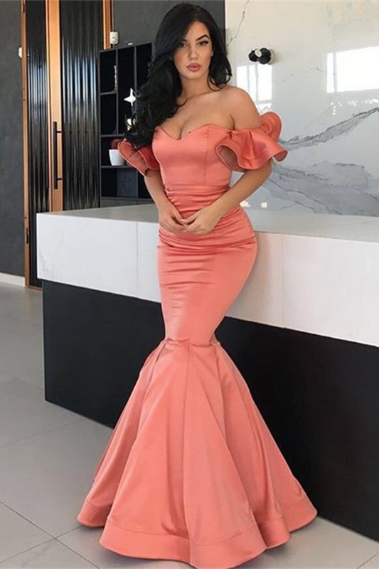 Luluslly Coral Off-the-Shoulder Mermaid Prom Dress Long