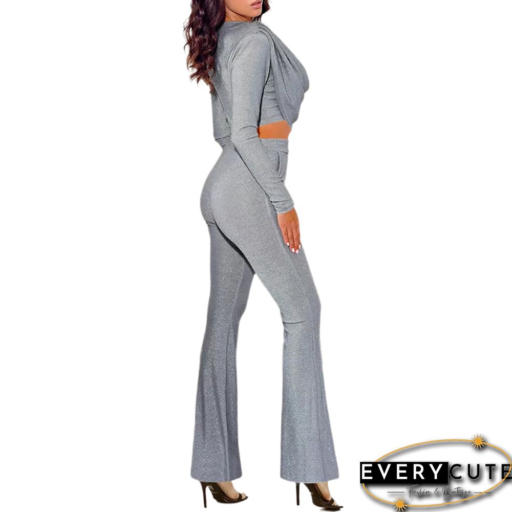 Light Gray Bronzing Long Sleeve Top with Flared Pants Set