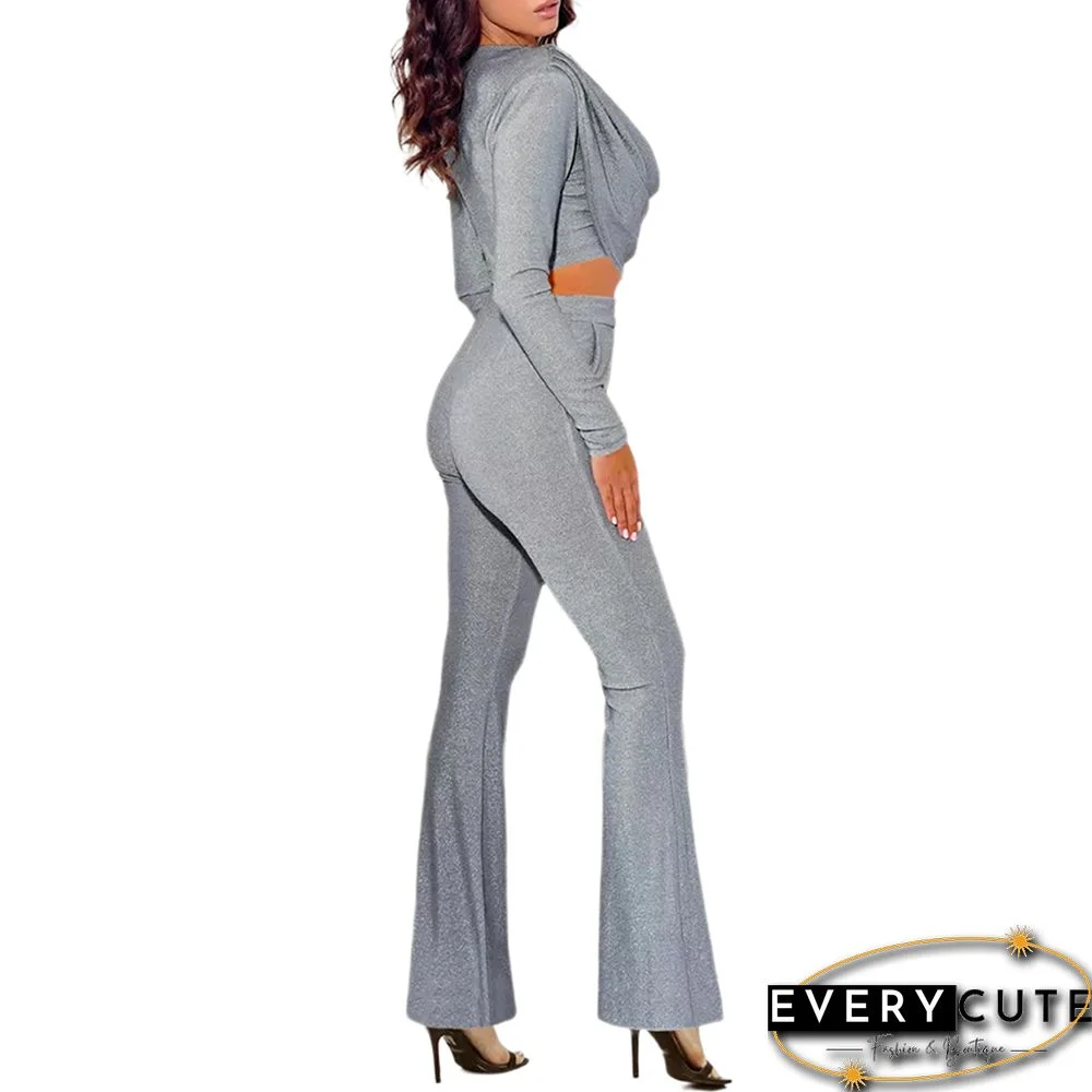 Light Gray Bronzing Long Sleeve Top with Flared Pants Set