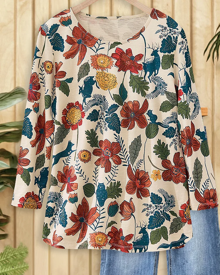 Multicolor Floral Print Feminine Round Neck Shirt